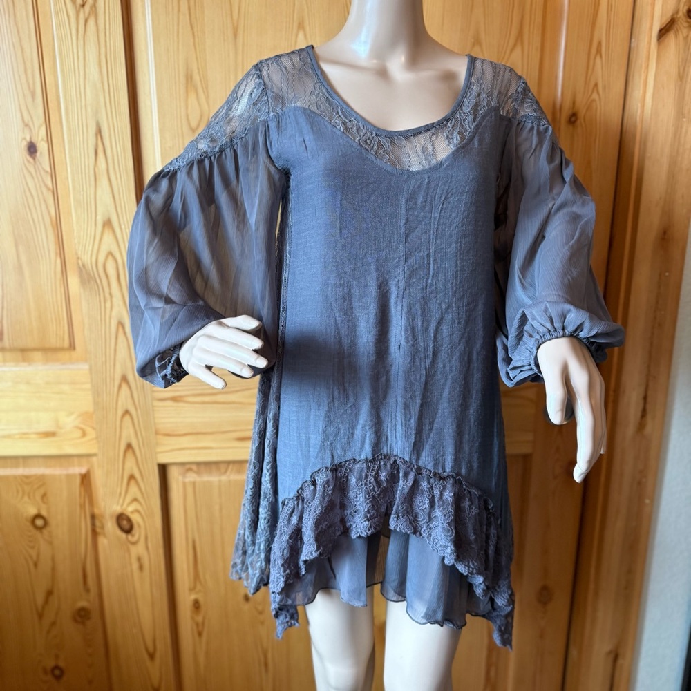 NWT Pretty Little Thing Gray Lace Mini Tunic Dress Size S Boho Fairy Grunge
